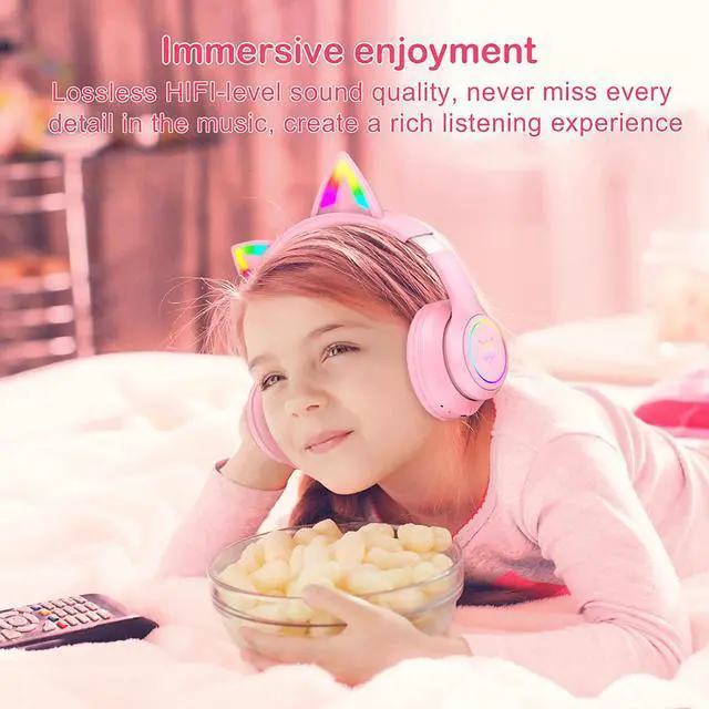Alt view image 4 of 7 - Cat Ear Bluetooth Headphones for Kids & Adults 55H Play Time Wireless Foldable & Wired Multi-Function LED Light Up Over Ear Headphones with Mic and Volume Control for iPhone/iPad/Laptop/PC