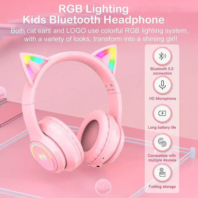 Alt view image 5 of 7 - Cat Ear Bluetooth Headphones for Kids & Adults 55H Play Time Wireless Foldable & Wired Multi-Function LED Light Up Over Ear Headphones with Mic and Volume Control for iPhone/iPad/Laptop/PC
