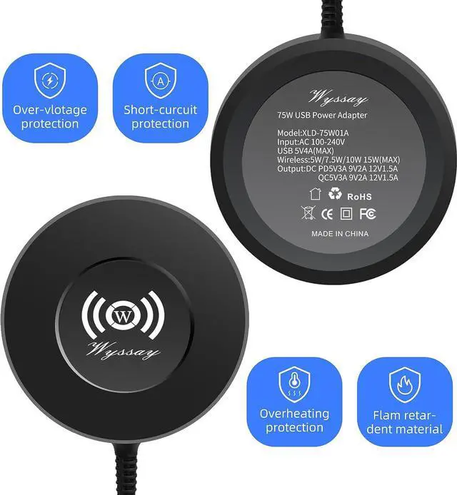 Alt view image 5 of 7 - Wyssay 75W 6-Port USB Charger Desktop Charging Station(Type-C, Quick Charge 3.0 and 4 USB Ports) with Wireless Charger,Multi USB Charger Hub for Smartphone and More Black