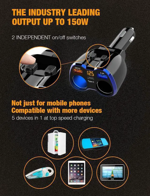 Alt view image 2 of 7 - Car Charger 150W 2-Socket Cigarette Lighter Splitter QC 3.0 Dual USB Ports 1 USB C Fast Car Adapter with Separate Switch LED Voltmeter Replaceable 15A Fuse for GPS/Dash Cam/Phone/iPad