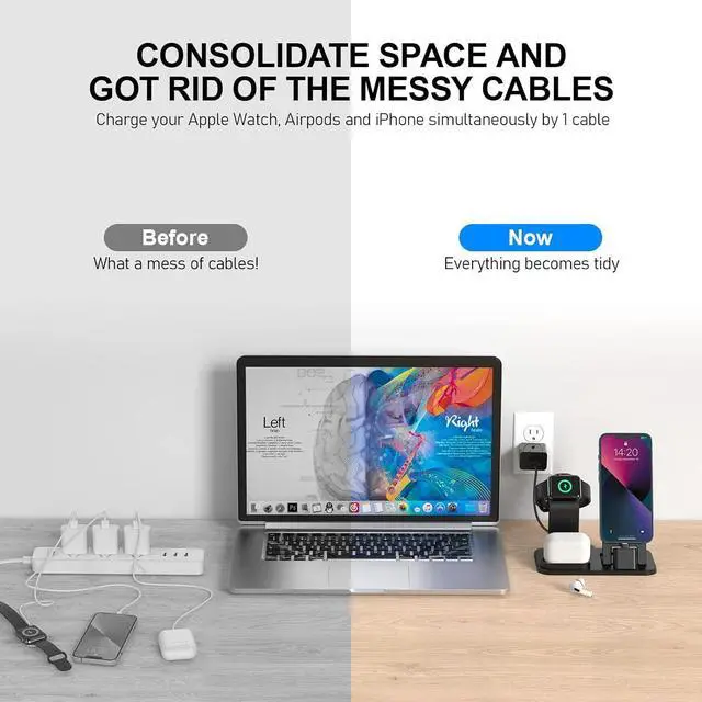 Alt view image 3 of 7 - 3 in 1 Charging Station for Apple Products, Removable Charging Stand for iPhone Series AirPods Pro/3/2/1, Charging Dock for Apple Watch SE/Ultra/8/7/6/5/4/3/2/1(with 15W Adapter and Cable)(Black)