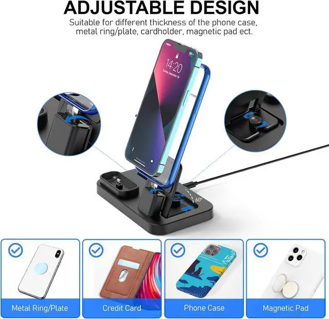Alt view image 4 of 7 - 3 in 1 Charging Station for Apple Products, Removable Charging Stand for iPhone Series AirPods Pro/3/2/1, Charging Dock for Apple Watch SE/Ultra/8/7/6/5/4/3/2/1(with 15W Adapter and Cable)(Black)