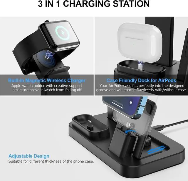 Alt view image 6 of 7 - 3 in 1 Charging Station for Apple Products, Removable Charging Stand for iPhone Series AirPods Pro/3/2/1, Charging Dock for Apple Watch SE/Ultra/8/7/6/5/4/3/2/1(with 15W Adapter and Cable)(Black)