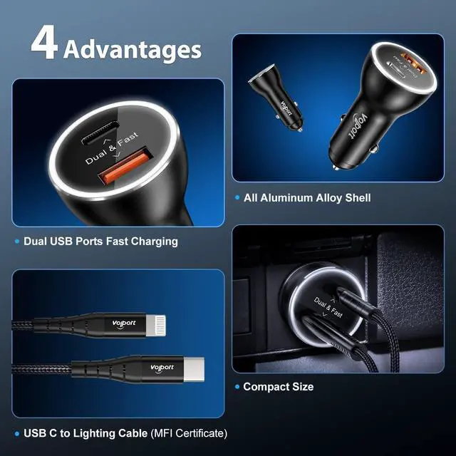 Alt view image 3 of 7 - PD Fast Charging Car Charger with MFi Certified USB C Lightning Cable Carplay Cord 3.3ft, VOLPORT Auto Quick Adapter 39W Car Charger Power Delivery for iPhone 15/14/13 Pro Max Xs Max XR X 8 Plus iPad