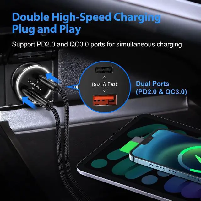 Alt view image 6 of 7 - PD Fast Charging Car Charger with MFi Certified USB C Lightning Cable Carplay Cord 3.3ft, VOLPORT Auto Quick Adapter 39W Car Charger Power Delivery for iPhone 15/14/13 Pro Max Xs Max XR X 8 Plus iPad
