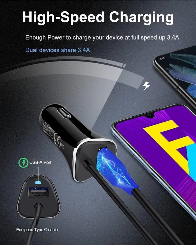 Alt view image 2 of 7 - USB Type C Car Charger, 2Pack 3.4A/3ft USBC Car Charger Adapter TypeC Power Cable Line for iPhone 16E/16/16 Pro/15 Pro Max/15 Plus Samsung Galaxy A17 5G S25 S24 Ultra A16 Google Pixel 9a 10 Pro XL 9