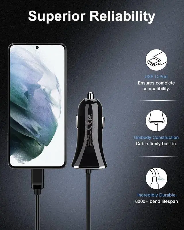 Alt view image 5 of 7 - USB Type C Car Charger, 2Pack 3.4A/3ft USBC Car Charger Adapter TypeC Power Cable Line for iPhone 16E/16/16 Pro/15 Pro Max/15 Plus Samsung Galaxy A17 5G S25 S24 Ultra A16 Google Pixel 9a 10 Pro XL 9