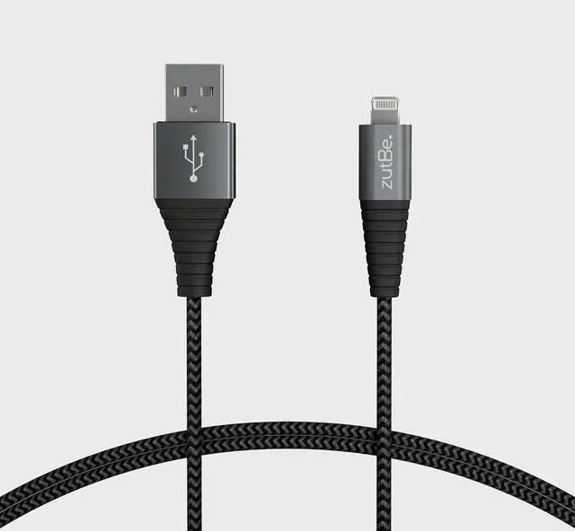 Main image of zutBe Shield Silver&Black MFi Certified Lightning Cable, Reinforced Braided Kevlar Charger Compatible with All iPhone 12, SE, 11, X, 8, 7, 6, iPad, iPod [Be Charitable, Durable, Confident] (10 Ft)