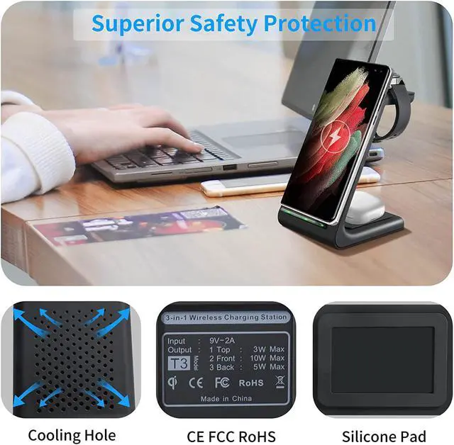 Alt view image 6 of 7 - YOCUNKER Wireless Charger for Samsung,3 in 1 Charging Station Dock for Galaxy Watch 5/4/3/2/Active 2/1/Gear S3, S22 Ultra/S21/S20/S10/Note 20/Z Flip 4/Z Fold 4/3,Galaxy Buds+/Pro/Live Black