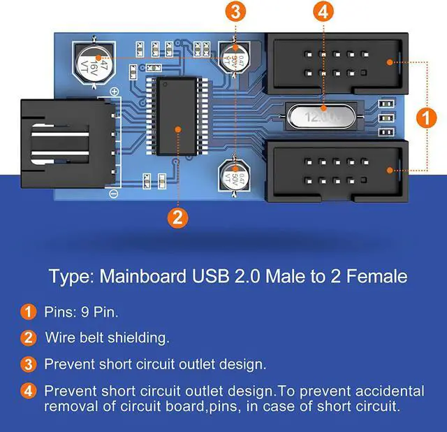 Alt view image 4 of 7 - Motherboard USB2.0 9pin USB Header Splitter Male 1 to 4 Female Extension Cable30cm/0.98ftCard Control PCB Board USB HUB 9-pin Splitter Adapter Port Multilier PWM Fan Splitter Cable 1 to 4 Converter