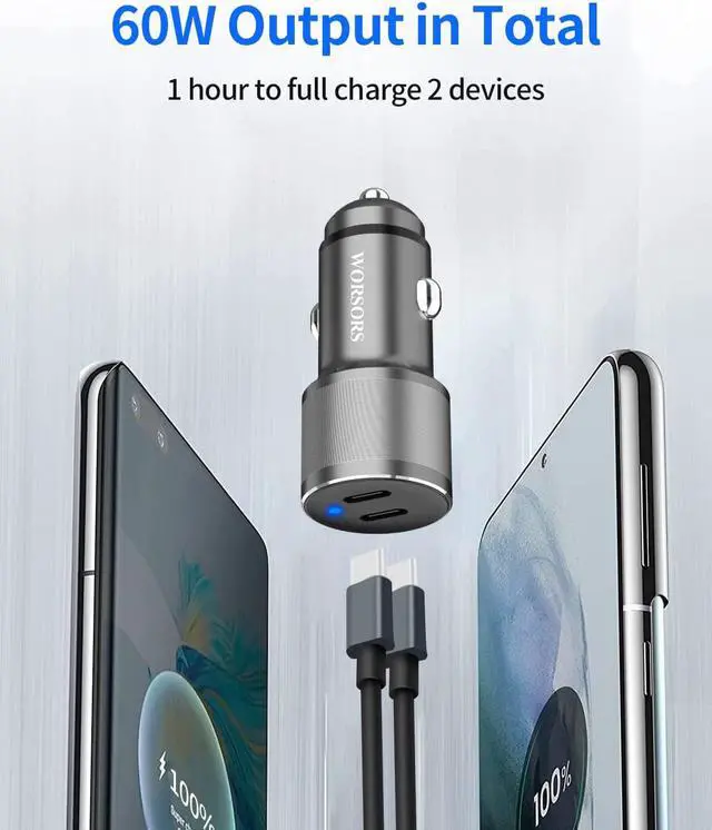 Alt view image 3 of 7 - Dual USB C Car Charger 60W PD (30W + 30W) Super Fast Charging Adapter Metal for iPhone 16/15 Pro Max  Galaxy S25 Ultra/S25 Plus/S25/S24/S23 Note 20/10 iPad Pro + 2X Type C to C Cable 3.3Ft