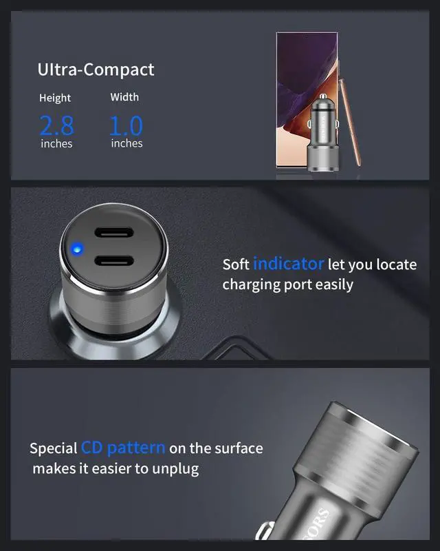 Alt view image 6 of 7 - Dual USB C Car Charger 60W PD (30W + 30W) Super Fast Charging Adapter Metal for iPhone 16/15 Pro Max  Galaxy S25 Ultra/S25 Plus/S25/S24/S23 Note 20/10 iPad Pro + 2X Type C to C Cable 3.3Ft