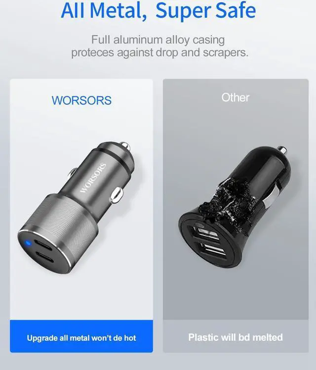 Alt view image 4 of 7 - Dual USB C Car Charger 60W PD (30W + 30W) Super Fast Charging Adapter Metal for iPhone 16/15 Pro Max  Galaxy S25 Ultra/S25 Plus/S25/S24/S23 Note 20/10 iPad Pro + 2X Type C to C Cable 3.3Ft