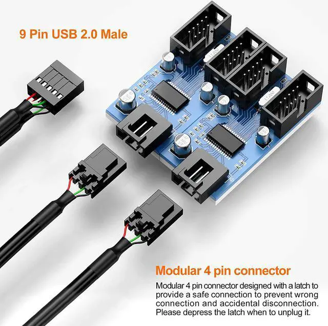 Alt view image 3 of 7 - Motherboard USB2.0 9pin USB Header Splitter Male 1 to 4 Female Extension Cable30cm/0.98ftCard Control PCB Board USB HUB 9-pin Splitter Adapter Port Multilier PWM Fan Splitter Cable 1 to 4 Converter