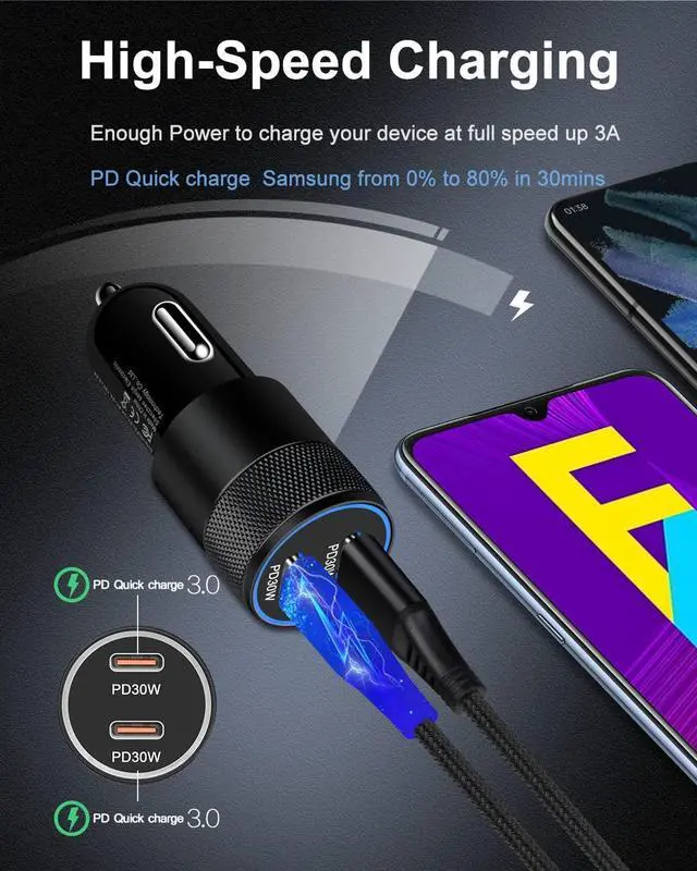 Alt view image 2 of 7 - 60w Super Fast USB C Car Charger for iPhone 16 15 Pro Max, 2 Car Lighter Adapter Pd C to C Cable Quick Charging Type C Cords Dual Port Usbc Cigarette Cargador Auto for Samsung S24 Ultra S23+ S22 S20