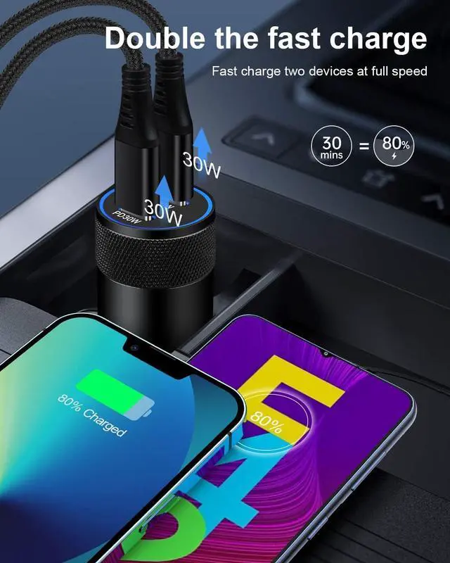 Alt view image 6 of 7 - 60w Super Fast USB C Car Charger for iPhone 16 15 Pro Max, 2 Car Lighter Adapter Pd C to C Cable Quick Charging Type C Cords Dual Port Usbc Cigarette Cargador Auto for Samsung S24 Ultra S23+ S22 S20