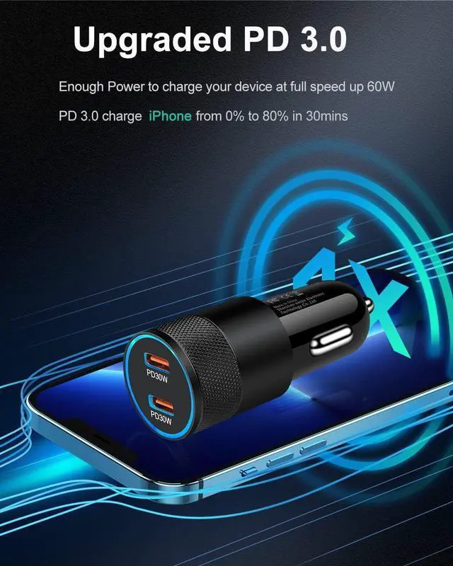 Alt view image 3 of 7 - 60w Super Fast USB C Car Charger for iPhone 16 15 Pro Max, 2 Car Lighter Adapter Pd C to C Cable Quick Charging Type C Cords Dual Port Usbc Cigarette Cargador Auto for Samsung S24 Ultra S23+ S22 S20