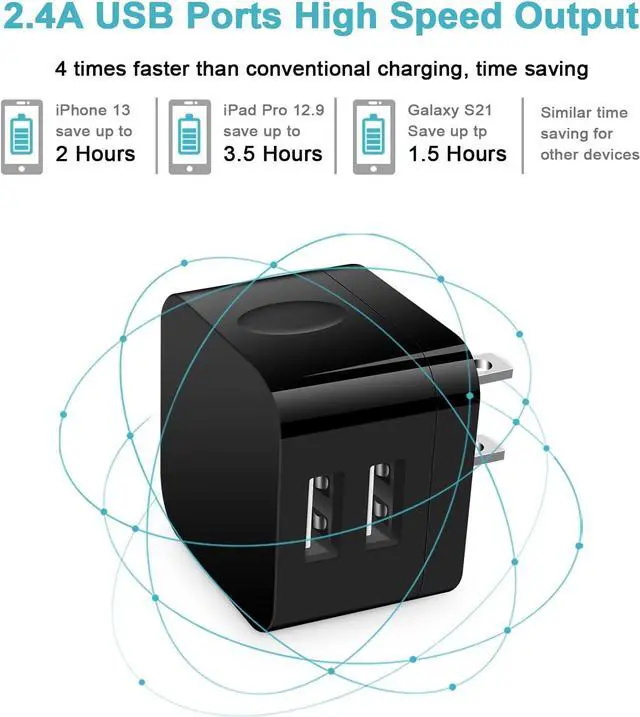 Alt view image 3 of 7 - USB Wall Charger USB Plug 2Pack Flat USB Charger Block Charging Low Profile USB Cube Charger Box Right Angle Plug Adapter for iPad Pro iPad Mini iPad Air iPhone 16 15 14 13 12 11 Max  Pixel
