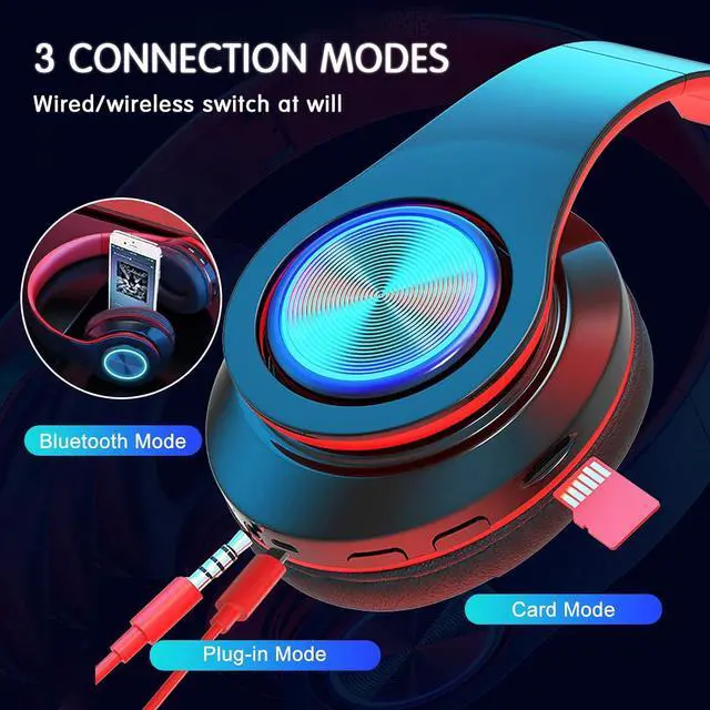Alt view image 7 of 7 - Bluetooth Wireless Over Ear Headphones, HiFi Stereo Sound Foldable Headphones,Colorful LED Lights Headphones with Built-in Mic,Wired for School/Tablet Computer/PC/TV/Cellphones/Travel (Black Red)