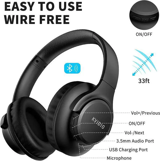 Alt view image 6 of 7 - KVIDIO [Updated Bluetooth Headphones Over Ear, 65 Hours Playtime Wireless Headphones with Microphone,Foldable Lightweight Headset with Deep Bass,HiFi Stereo Sound for Travel Work Cellphone