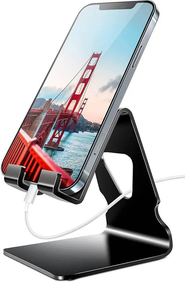 Main image of Cell Phone Stand, Phone Dock, Cradle, Holder, Aluminum Desktop Cellphone Stand with Cable Collective for Office Desk, Bedside Table Compatible with iPhone 14 13 Pro Max-Black