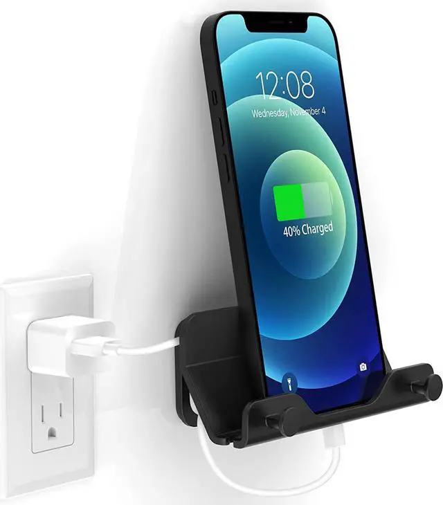 Main image of HomeMount Wall Mount Phone Holder - Hands Free Wall Mount Phone Holder with Adhesive Strip Wall Mount Phone Holder for Bedroom Living Room Kitchen Compatible with All Phone or Mini ipad Black