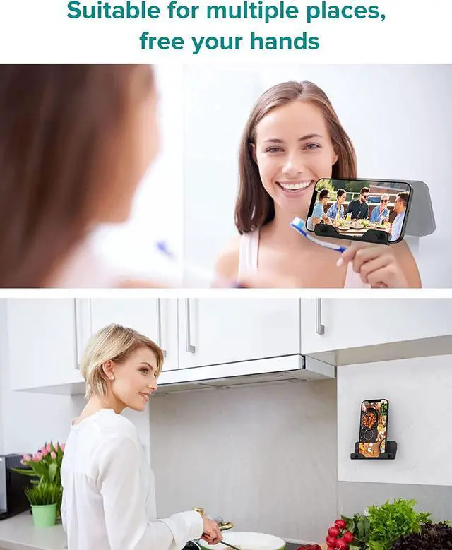 Alt view image 3 of 7 - HomeMount Wall Mount Phone Holder - Hands Free Wall Mount Phone Holder with Adhesive Strip Wall Mount Phone Holder for Bedroom Living Room Kitchen Compatible with All Phone or Mini ipad Black