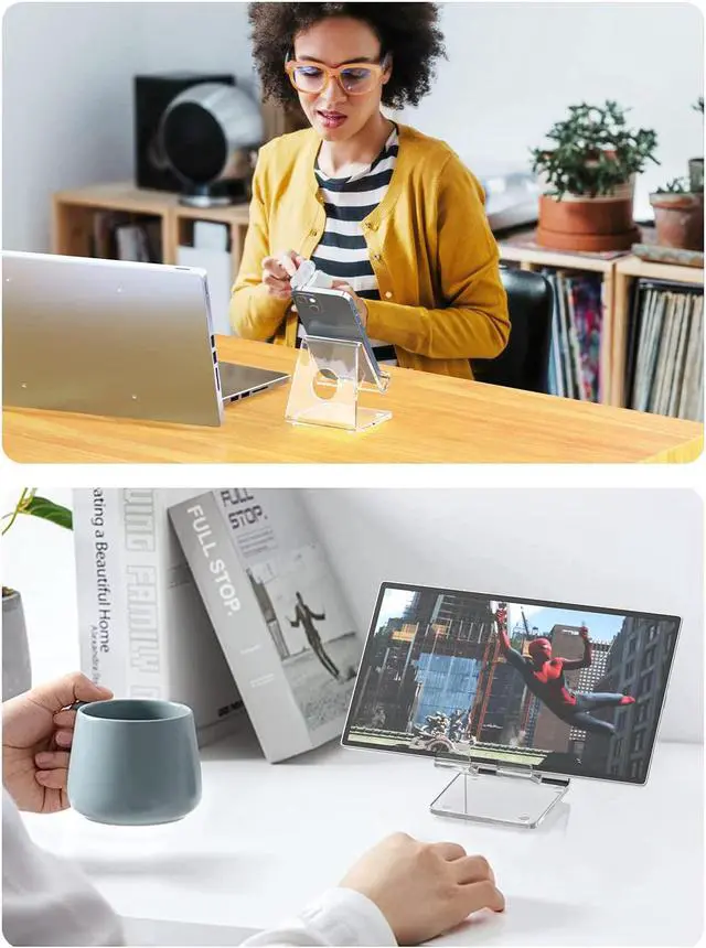 Alt view image 4 of 7 - Acrylic Cell Phone Stand  Acrylic Phone Stand for Desk Clear Phone Stand Dock Cradle Compatible with Phone 13 Pro Max Mini 11 Xr 8 SE Android Smartphone Pad Desk Accessories
