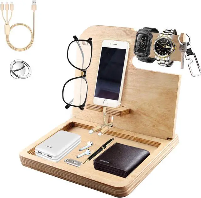 Main image of Bumlon Wood Phone Docking Station and Organizer for Men,Birthday Gift for Dad, for Men, Key Holder, Wallet Watch Stand with Charging Cable,Phone Ring Holder