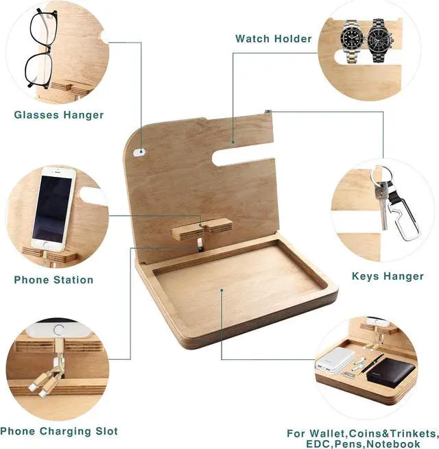 Alt view image 2 of 7 - Bumlon Wood Phone Docking Station and Organizer for Men,Birthday Gift for Dad, for Men, Key Holder, Wallet Watch Stand with Charging Cable,Phone Ring Holder