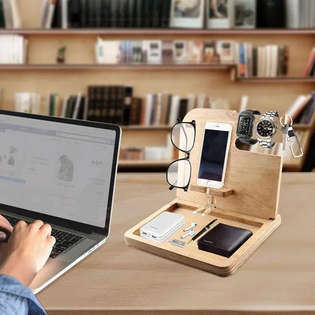 Alt view image 7 of 7 - Bumlon Wood Phone Docking Station and Organizer for Men,Birthday Gift for Dad, for Men, Key Holder, Wallet Watch Stand with Charging Cable,Phone Ring Holder