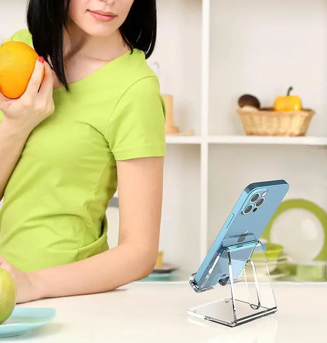 Alt view image 5 of 6 - Crpich Acrylic Cell Phone Stand, Portable Phone Holder, Clear Phone Stand for Desk, Compatible with Phone14 13 12 Pro Max Mini 11 Xr Plus SE, Switch, Android Smartphone, Pad, Tablet, Desk Accessories