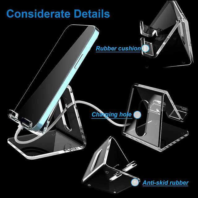 Alt view image 3 of 6 - Crpich Acrylic Cell Phone Stand, Portable Phone Holder, Clear Phone Stand for Desk, Compatible with Phone14 13 12 Pro Max Mini 11 Xr Plus SE, Switch, Android Smartphone, Pad, Tablet, Desk Accessories