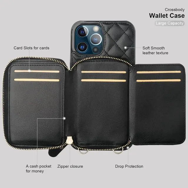 Alt view image 7 of 7 - Bocasal Crossbody Wallet Case for iPhone 12 Pro Max, RFID Blocking PU Leather Zipper Handbag Purse Flip Cover, Kickstand Folio Case with Card Slots Holder Wrist Strap Lanyard 5G 6.7 Inch (Black)