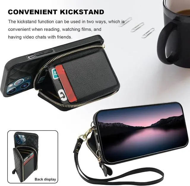 Alt view image 5 of 7 - Bocasal Crossbody Wallet Case for iPhone 12 Pro Max, RFID Blocking PU Leather Zipper Handbag Purse Flip Cover, Kickstand Folio Case with Card Slots Holder Wrist Strap Lanyard 5G 6.7 Inch (Black)