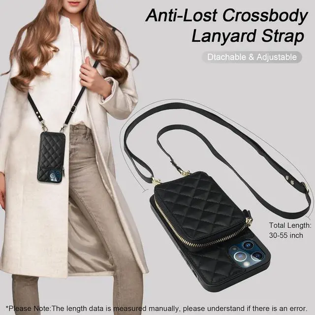 Alt view image 6 of 7 - Bocasal Crossbody Wallet Case for iPhone 12 Pro Max, RFID Blocking PU Leather Zipper Handbag Purse Flip Cover, Kickstand Folio Case with Card Slots Holder Wrist Strap Lanyard 5G 6.7 Inch (Black)