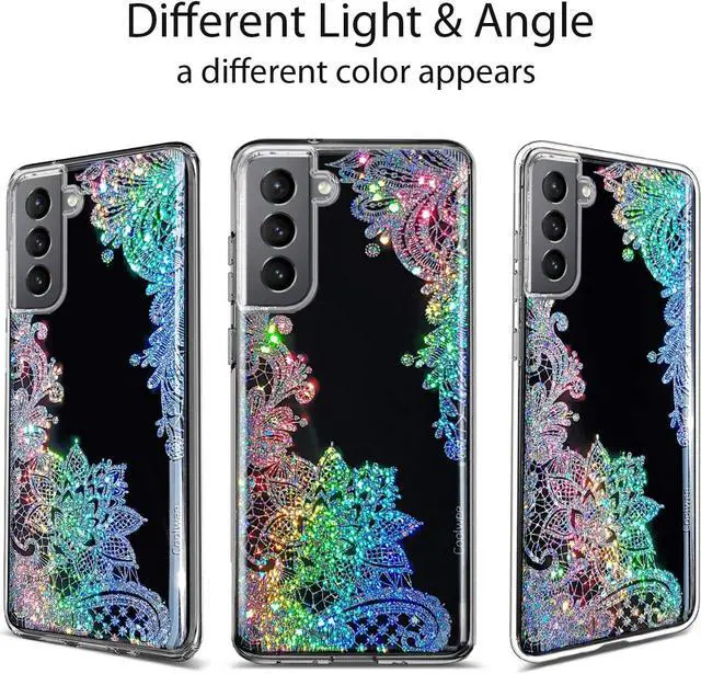 Alt view image 4 of 7 - Clear Glitter for Galaxy S22, 6.1 inch, Thin Flower Slim Cute Crystal Lace Bling Shiny for Women Girls Floral Plastic Hard Back Soft TPU Bumper Protective Cover for Samsung S22 Mandala Henna