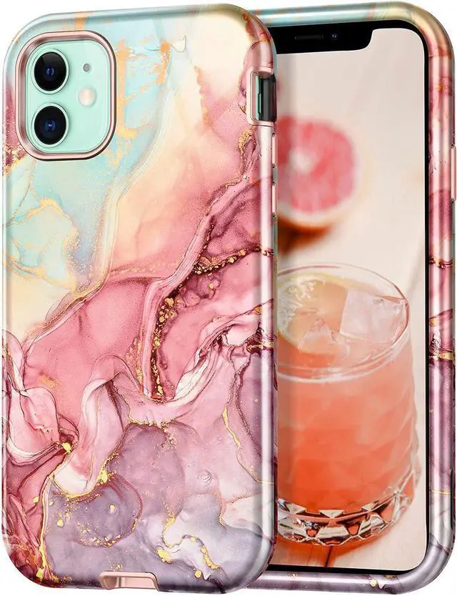Main image of CASEFIV Compatible with iPhone 11 Case,Marble Pattern 3 in 1 Heavy Duty Shockproof Full Body Rugged Hard PC+Soft Silicone Drop Protective Women Girls Cover for iPhone 11 6.1 inch, Rose Gold