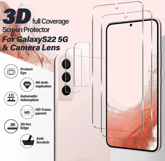 Alt view image 2 of 6 - Galaxy S22 Tempered Glass Screen Protector + Camera Lens Protector [ 2 + 2 Pack ][Case Friendly] [Anti-Scratch] [Ultrasonic Fingerprint Unlock] Clear HD Glass Protective Film for  Galaxy S22