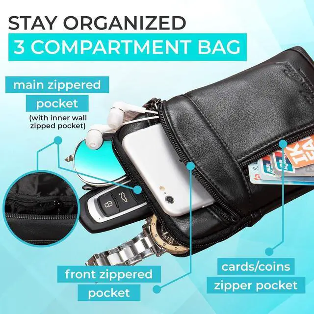 Alt view image 4 of 6 - Hengwin Small Leather Crossbody Shoulder Bag Men Belt Clip Phone Holster Case Belt Loop Pouch Waist Bag Pack Fit for iPhone 15 14 13 Pro Max 8 7 6 Plus Galaxy Note 9 8 S24/S23 Ultra S9/S8 Plus (Black)