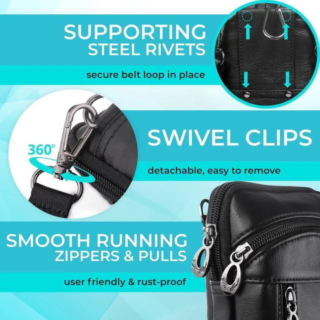 Alt view image 5 of 6 - Hengwin Small Leather Crossbody Shoulder Bag Men Belt Clip Phone Holster Case Belt Loop Pouch Waist Bag Pack Fit for iPhone 15 14 13 Pro Max 8 7 6 Plus Galaxy Note 9 8 S24/S23 Ultra S9/S8 Plus (Black)