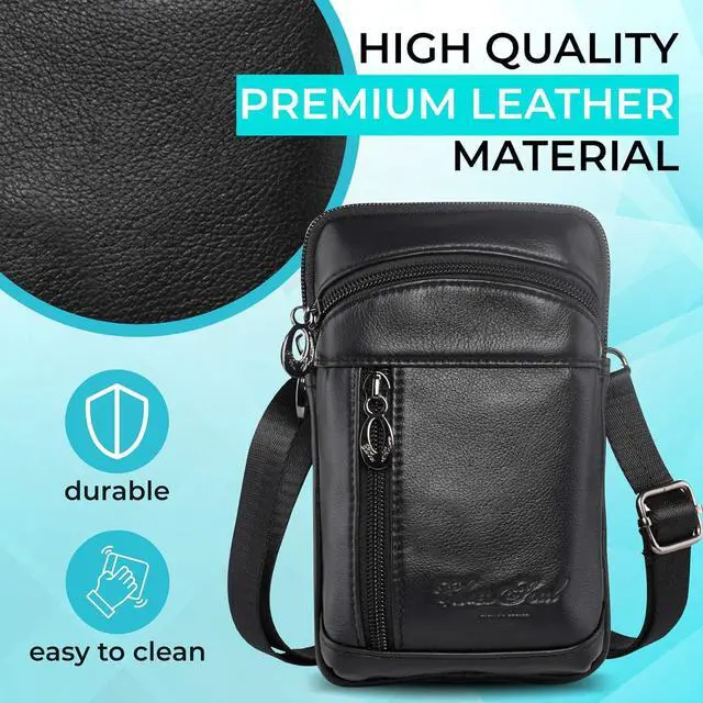 Alt view image 2 of 6 - Hengwin Small Leather Crossbody Shoulder Bag Men Belt Clip Phone Holster Case Belt Loop Pouch Waist Bag Pack Fit for iPhone 15 14 13 Pro Max 8 7 6 Plus Galaxy Note 9 8 S24/S23 Ultra S9/S8 Plus (Black)