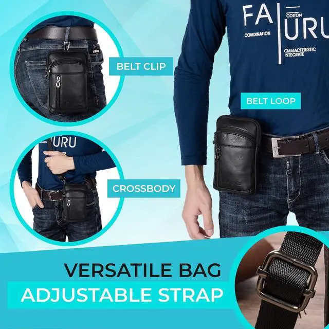 Alt view image 6 of 6 - Hengwin Small Leather Crossbody Shoulder Bag Men Belt Clip Phone Holster Case Belt Loop Pouch Waist Bag Pack Fit for iPhone 15 14 13 Pro Max 8 7 6 Plus Galaxy Note 9 8 S24/S23 Ultra S9/S8 Plus (Black)