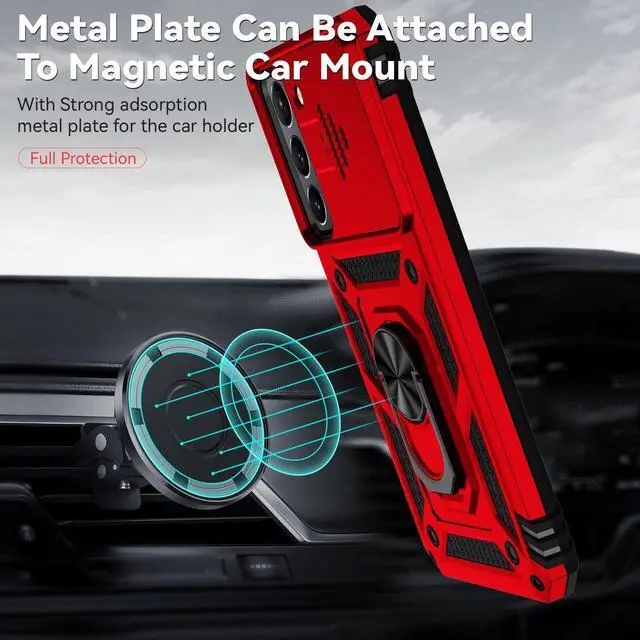 Alt view image 3 of 7 - for Samsung Galaxy S22 Case with Camera Lens Cover HD Screen Protector, Dual Layer Military-Grade Drop Tested Magnetic Ring Holder Kickstand Protective Phone Case for Samsung Galaxy S22 5G (Red)