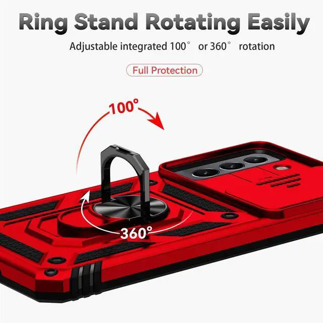 Alt view image 6 of 7 - for Samsung Galaxy S22 Case with Camera Lens Cover HD Screen Protector, Dual Layer Military-Grade Drop Tested Magnetic Ring Holder Kickstand Protective Phone Case for Samsung Galaxy S22 5G (Red)