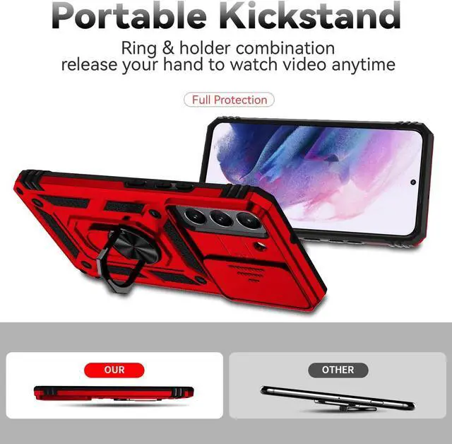 Alt view image 7 of 7 - for Samsung Galaxy S22 Case with Camera Lens Cover HD Screen Protector, Dual Layer Military-Grade Drop Tested Magnetic Ring Holder Kickstand Protective Phone Case for Samsung Galaxy S22 5G (Red)