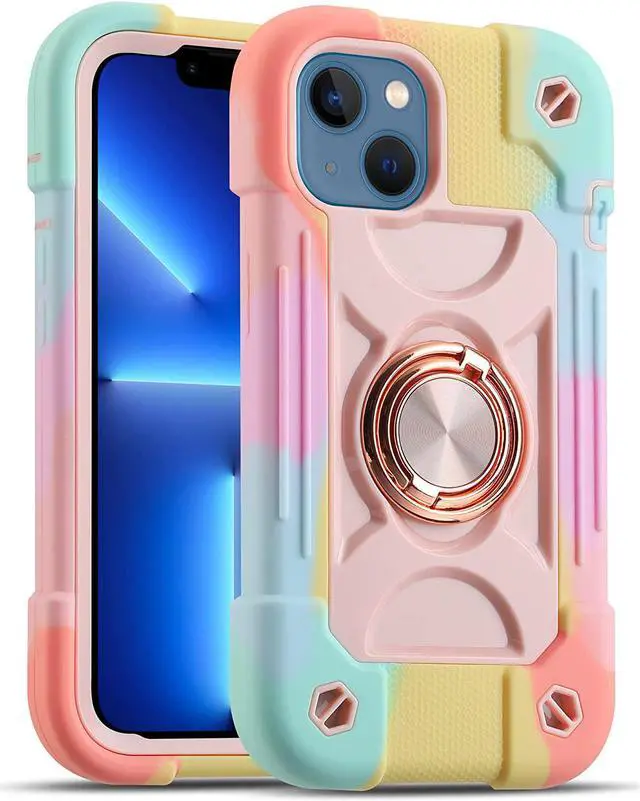 Main image of Compatible with iPhone 14 Case/iPhone 13 Case 6.1 Inch with Built-in 360°Rotating Ring Stand Military Grade Drop Protection Full Body Rugged Heavy Duty Protective Cover. (Rainbow Pink)