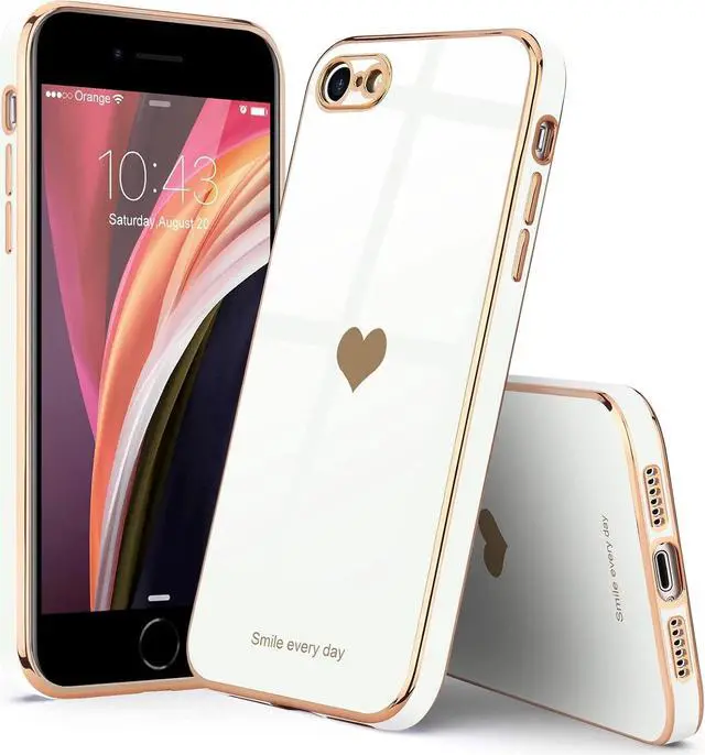 Alt view image 7 of 7 - Teageo for iPhone SE 2022, SE 2020, iPhone 7 Case, iPhone 8 Case Phone Case for Women Girl Cute Love-Heart Luxury Bling Plating Soft Back Cover Camera Protection Bumper Silicone Shockproof Case, White