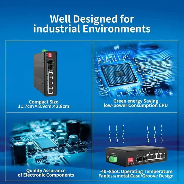 Alt view image 4 of 7 - 4-Port Hardened Industrial Gigabit 2+ Managed DIN-Rail Switch, 4x10/100/1000 Base-TX +2x1000Base-FX SFP 6X, Network Ethernet Gigabit Not with PoE+ Switch