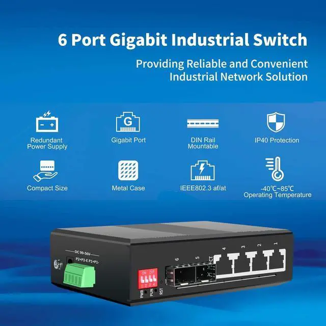 Alt view image 2 of 7 - 4-Port Hardened Industrial Gigabit 2+ Managed DIN-Rail Switch, 4x10/100/1000 Base-TX +2x1000Base-FX SFP 6X, Network Ethernet Gigabit Not with PoE+ Switch